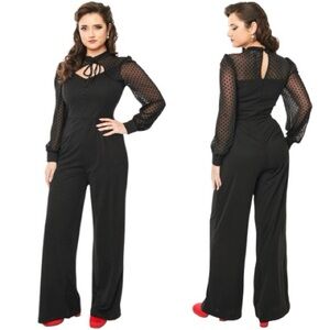 Unique Vintage Jumpsuit Black Size L NWT Long Sleeve Wide Leg Swiss Dot Retro